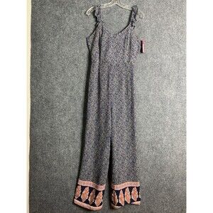 Xhilaration Jumpsuit Size XS Navy Floral Ruffle Straps Tie Keyhole Back Border